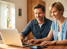 Ein Ehepaar sucht von zu Hause aus am Laptop nach einem Stromanbieter. Der Wechsel ist innerhalb von 24 Stunden möglich.