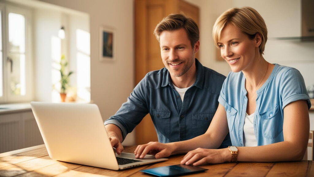 Ein Ehepaar sucht von zu Hause aus am Laptop nach einem Stromanbieter. Der Wechsel ist innerhalb von 24 Stunden möglich.